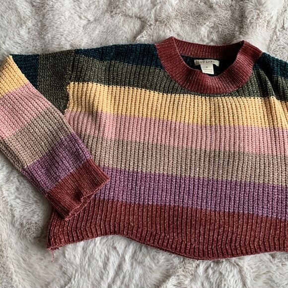 Luv Lane Striped Velvet Cropped Scalloped Hem Chenille Fall Sweater Small - Picture 1 of 5